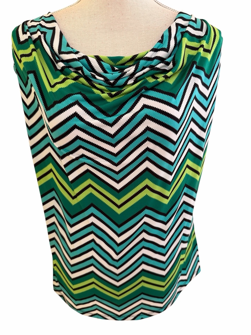 Jennie & Marlis Green/Blue Jersey Knit Chevron Cowl Neck Top L
